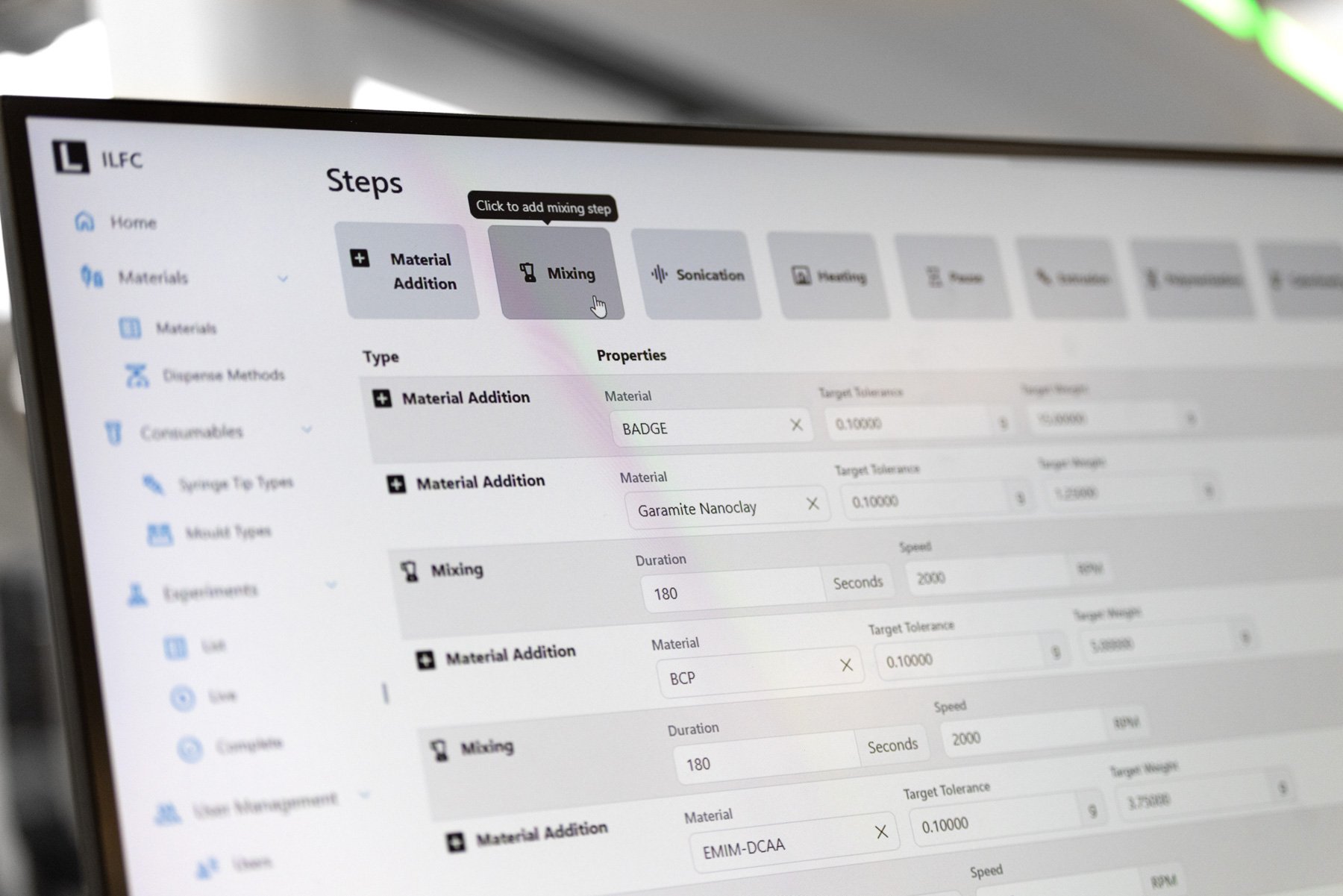 Material addition steps on a UI serving a formulation robot