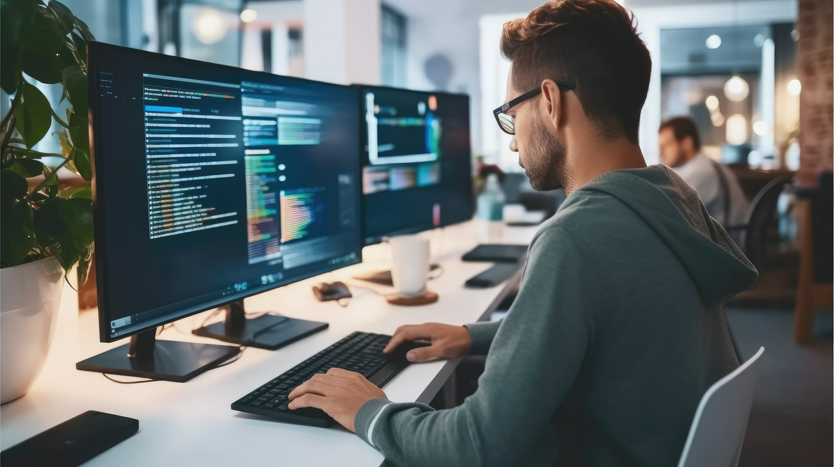 A man with glasses sitting at a desk in an office typing on their keyboard looking at a software screen