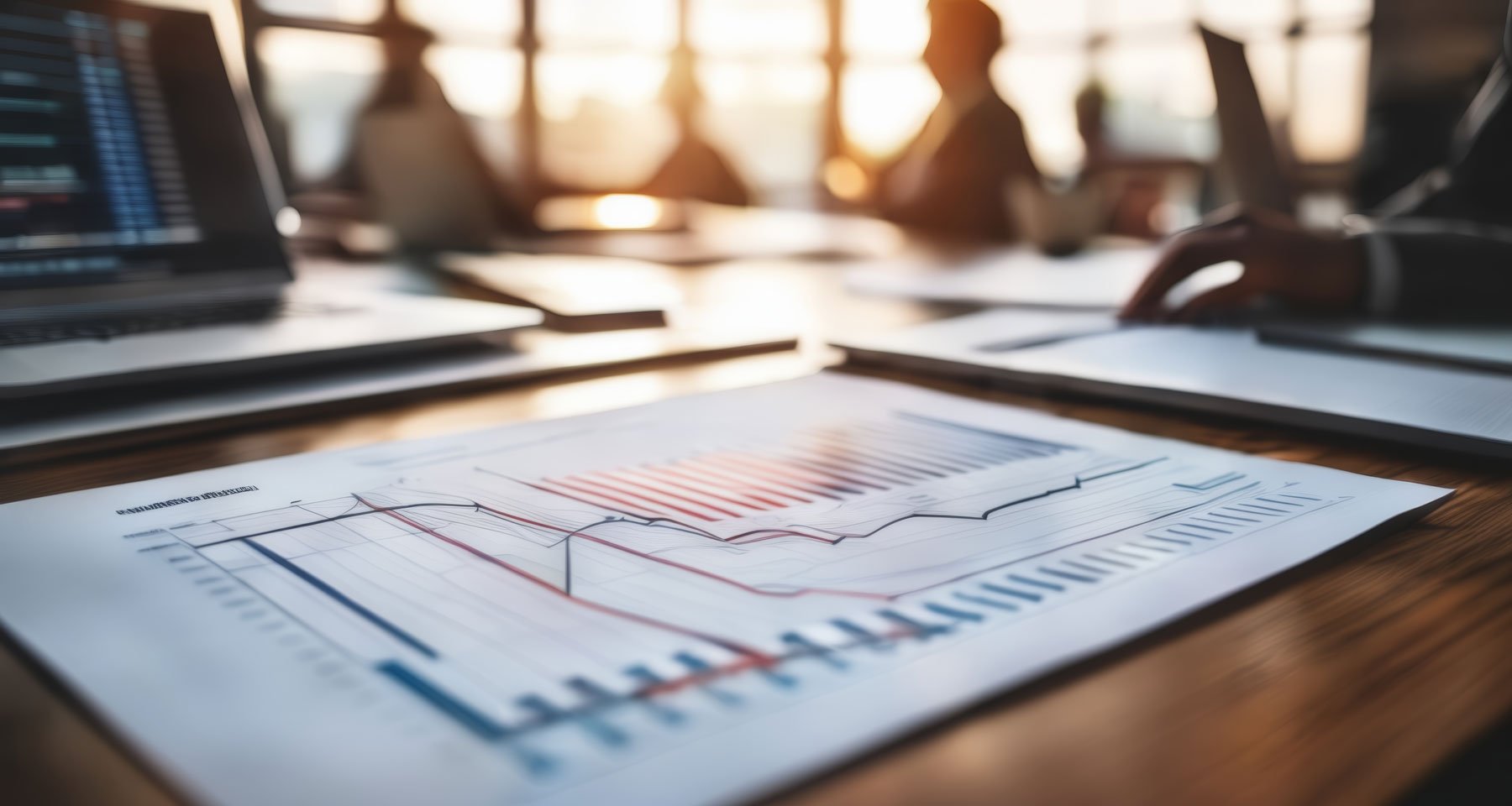 Financial data sheet on a table surrounded by a corporate looking team in a meeting