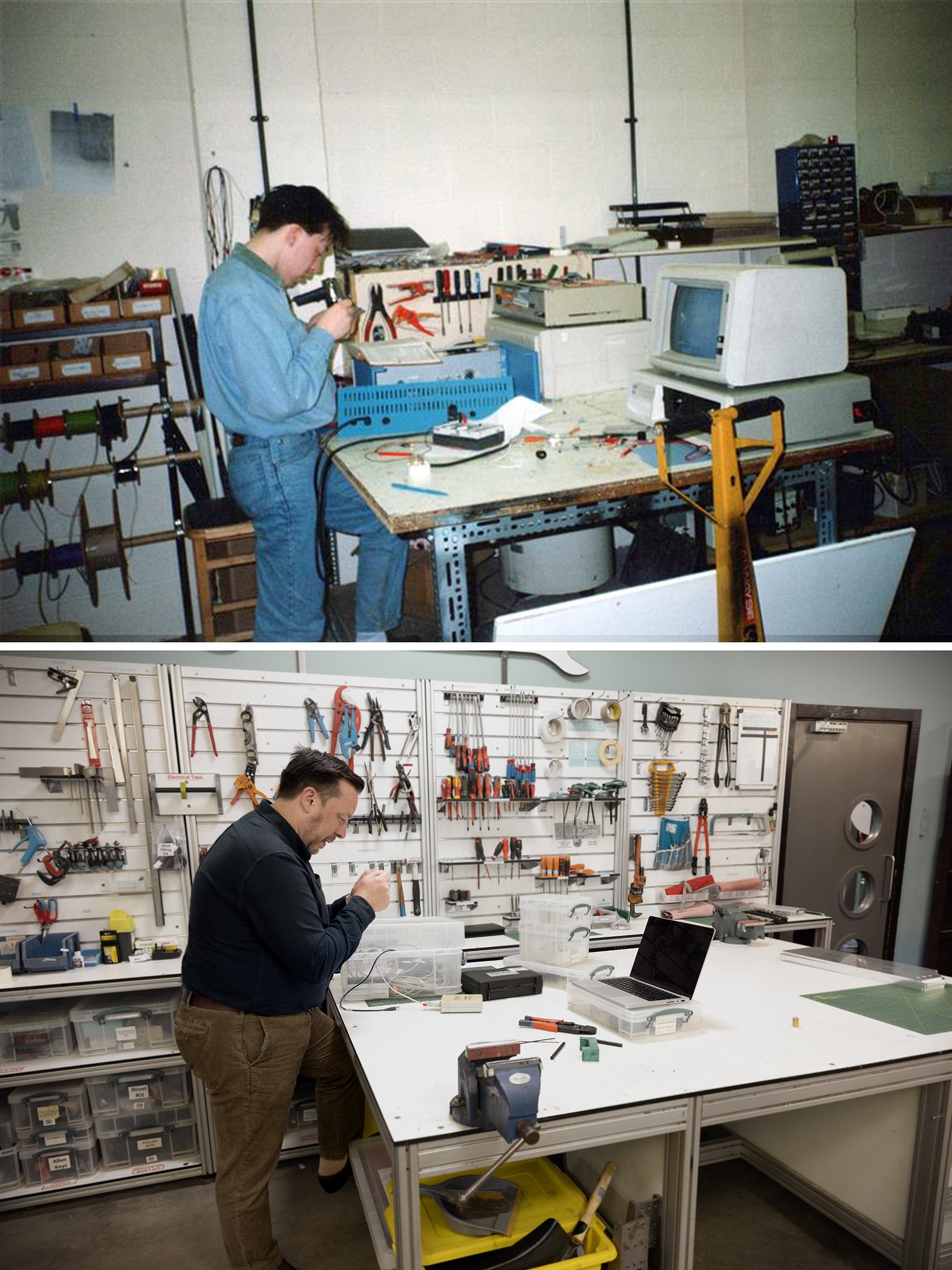 A side by side comparison of a man working in a workshop focussing on a piece of technology