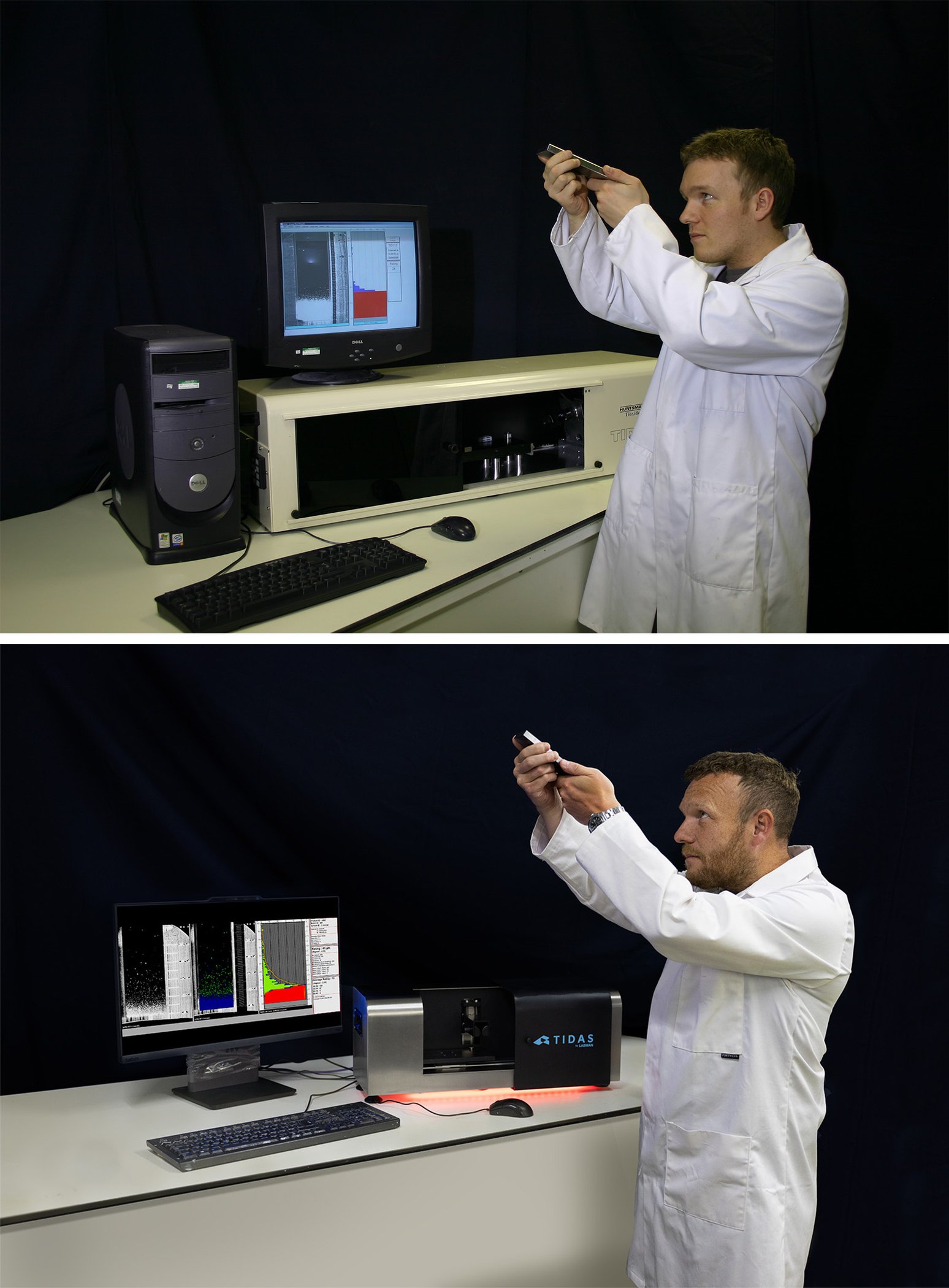 A side by side comparison of a man viewing a gauge from a robotic system 