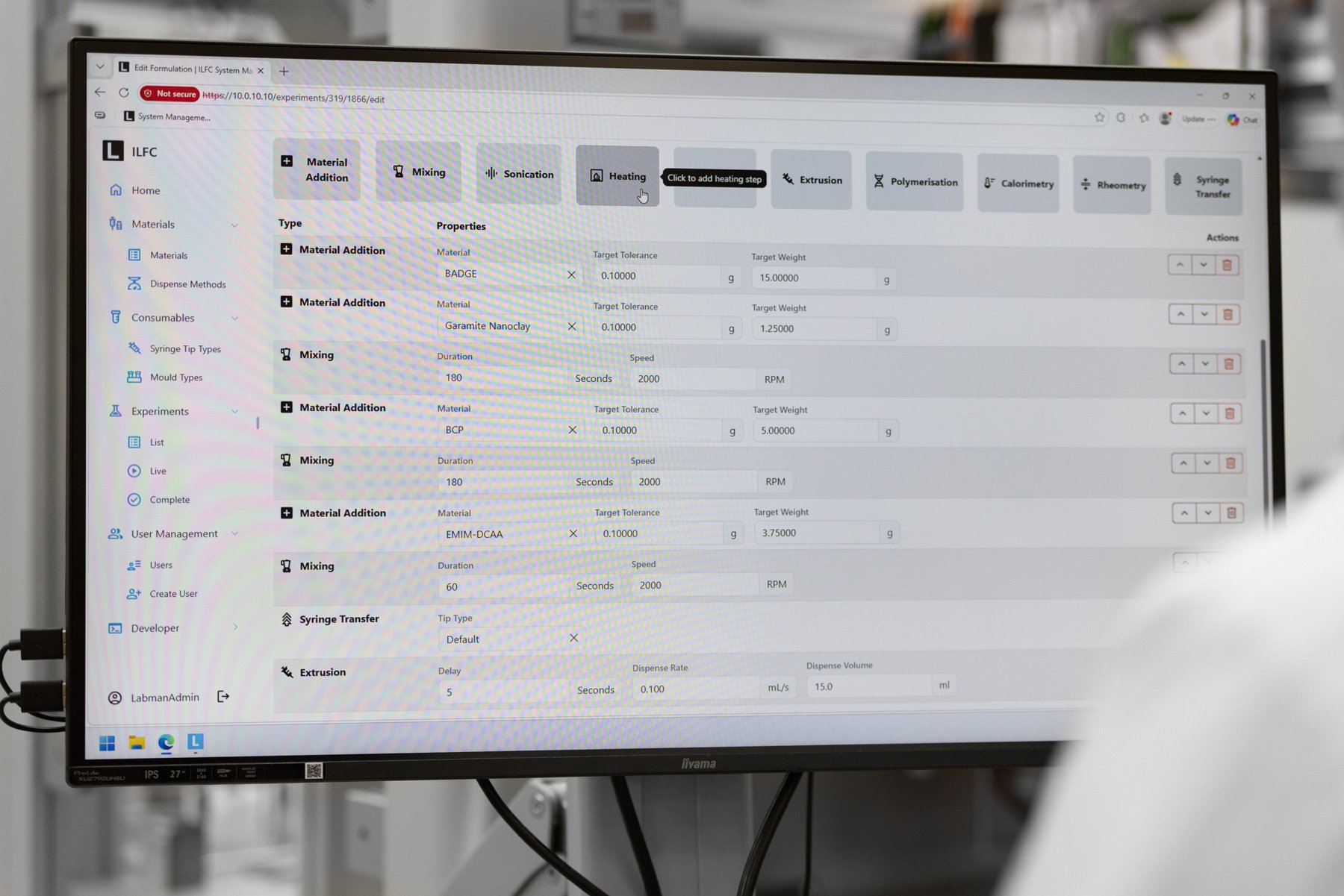 A recipe management UI on screen for a formulation robot