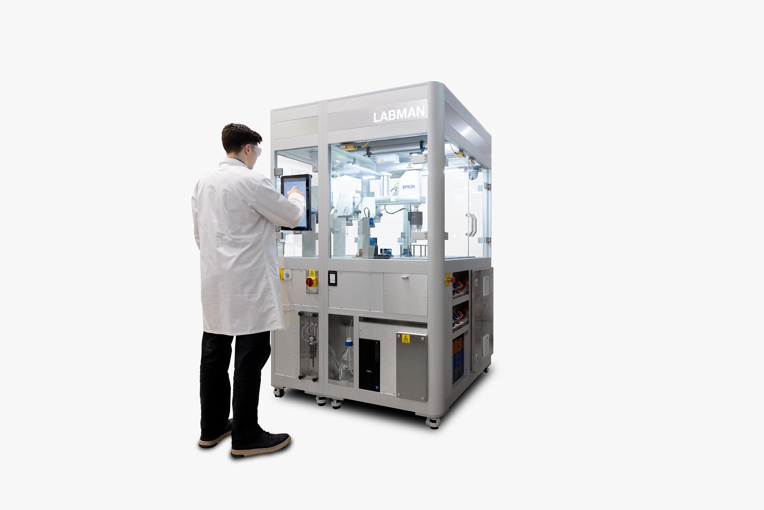 A standalone robotic platform with Epson Scara robot arm and screen with user