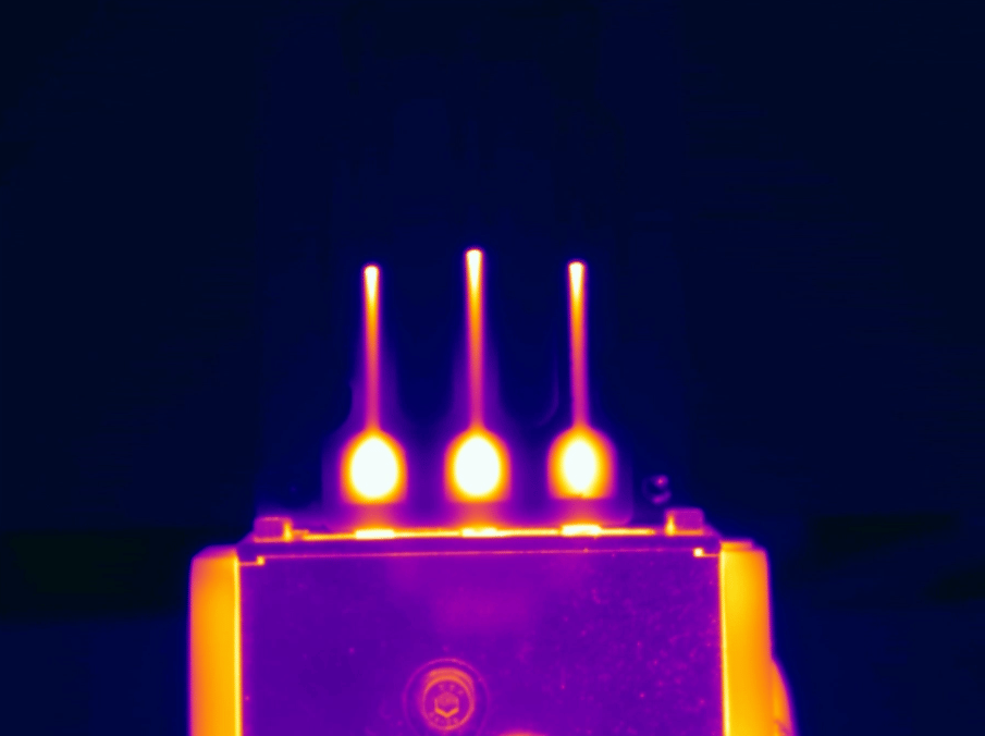 Thermal image of a polymer mould with three channels being heated 