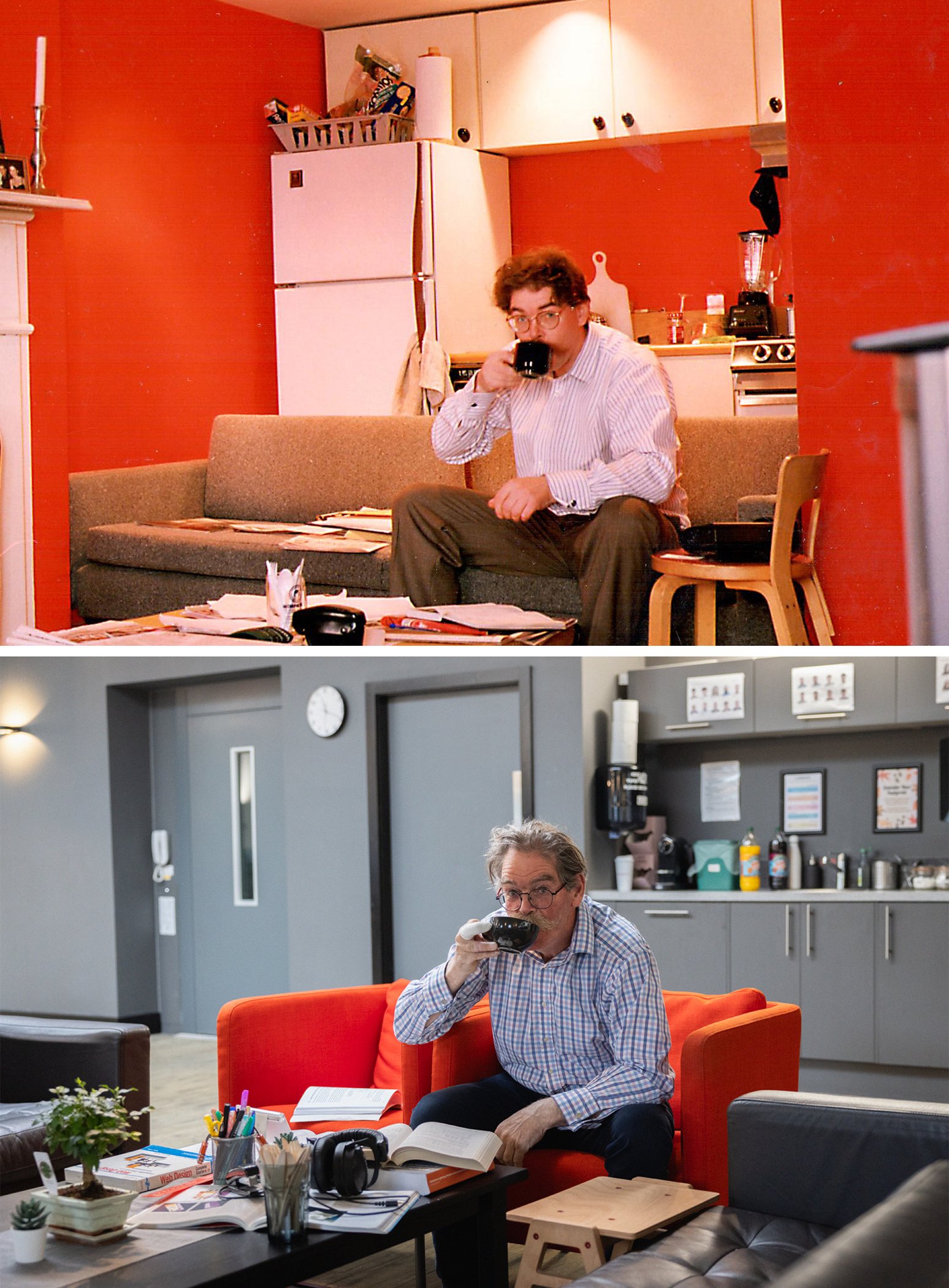 Side by side comparison images of a man in a chair drinking some tea
