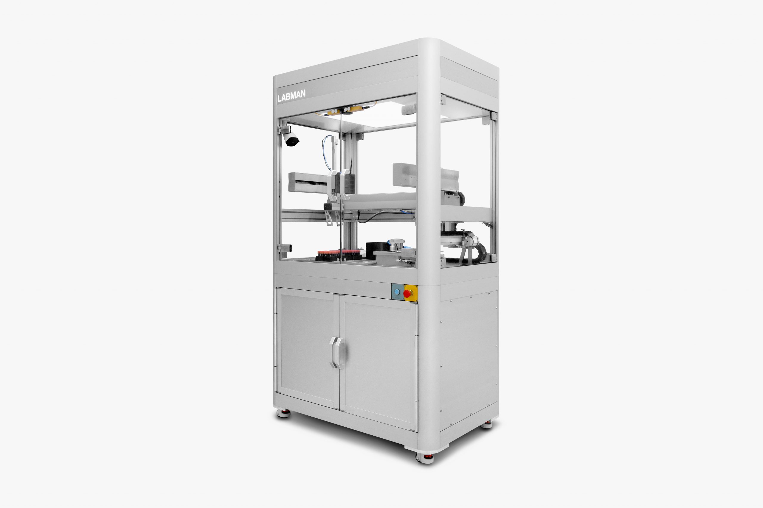 A silver Labman robotic system in a white room