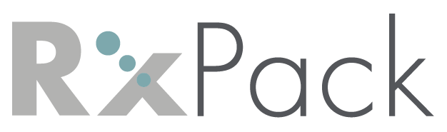 logo for rxPack with black and grey writing