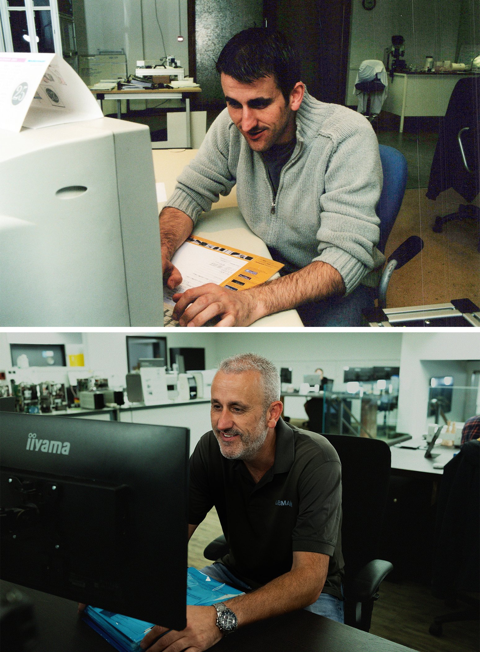 A side by side comparison of a man working on a computer in an office