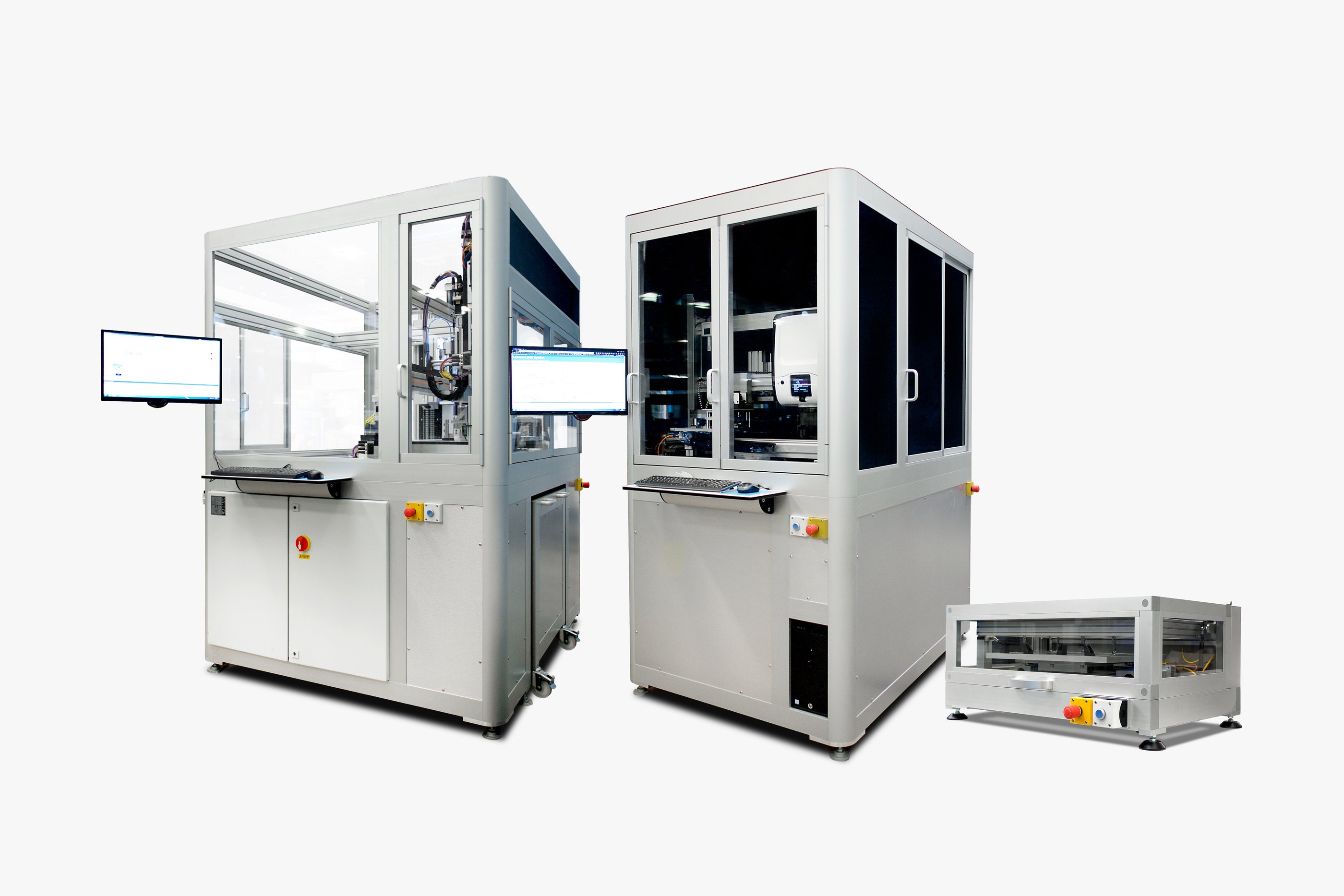 Three robotic workcells for testing paints in a laboratory