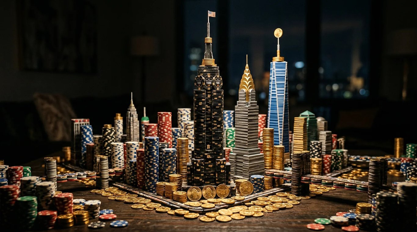 An abstract representation of the New York City skyline made from casino chips, representing the gambling for a casino license.
