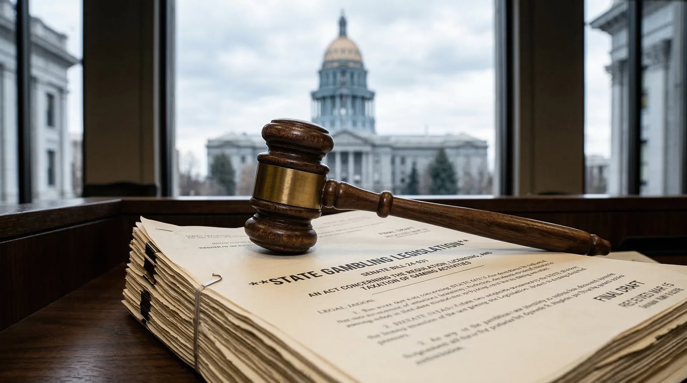 A gavel on top of legal documents, symbolizing the new wave of state gambling legislation.