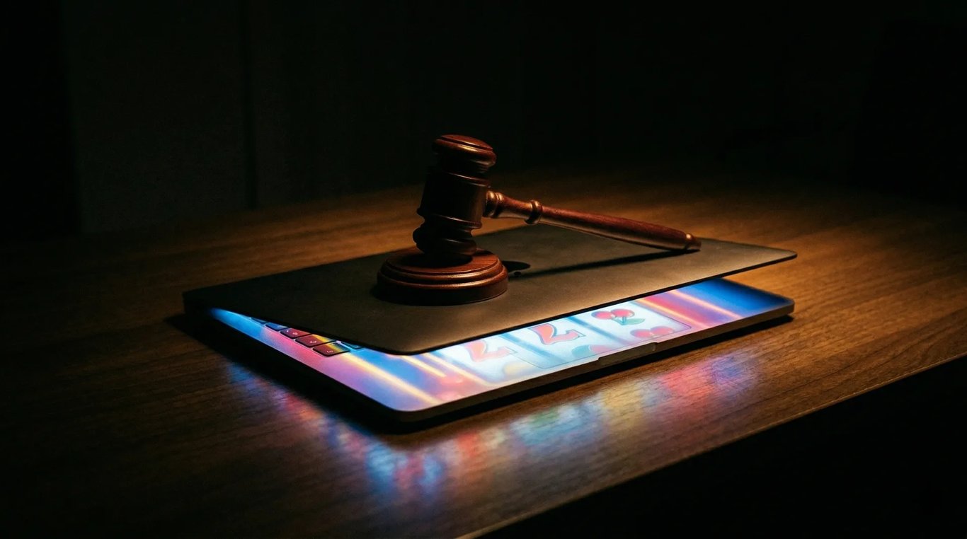 A gavel on a laptop, representing the murky legal status of online gambling in South Africa.