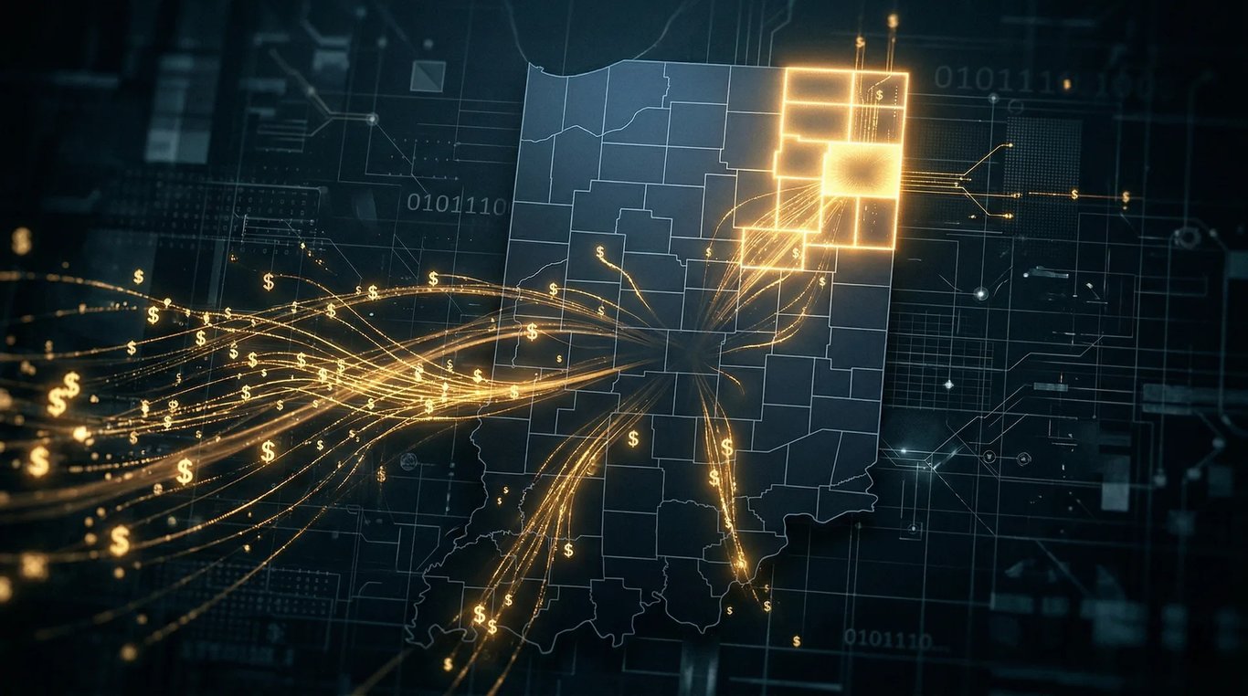 Map of Indiana showing the three counties eligible for a new casino license under HB 1038.