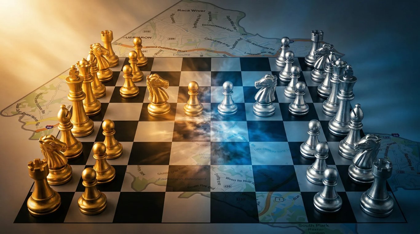 A political stalemate over the Fairfax County casino expansion, represented by a chess game.