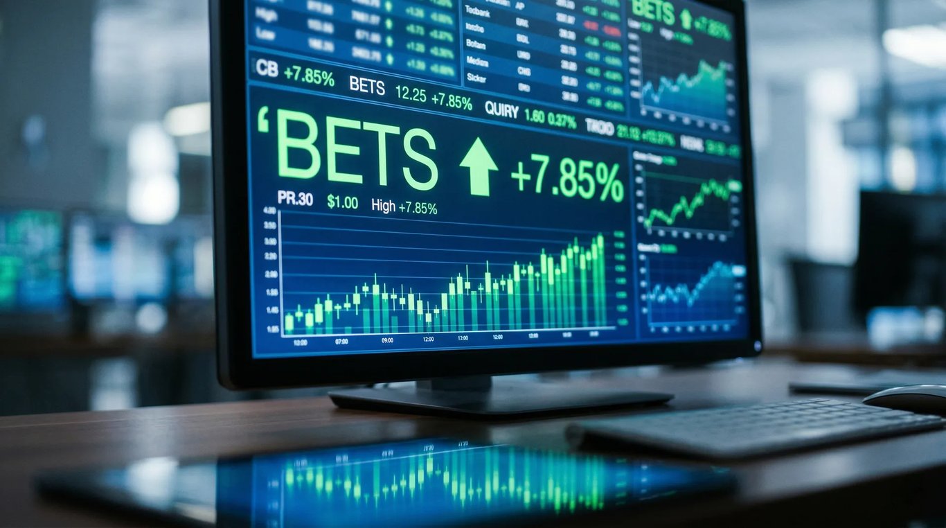 A stock ticker screen showing positive financial data, representing the numbers behind the Betsson acquisition of Rhino Entertainment.