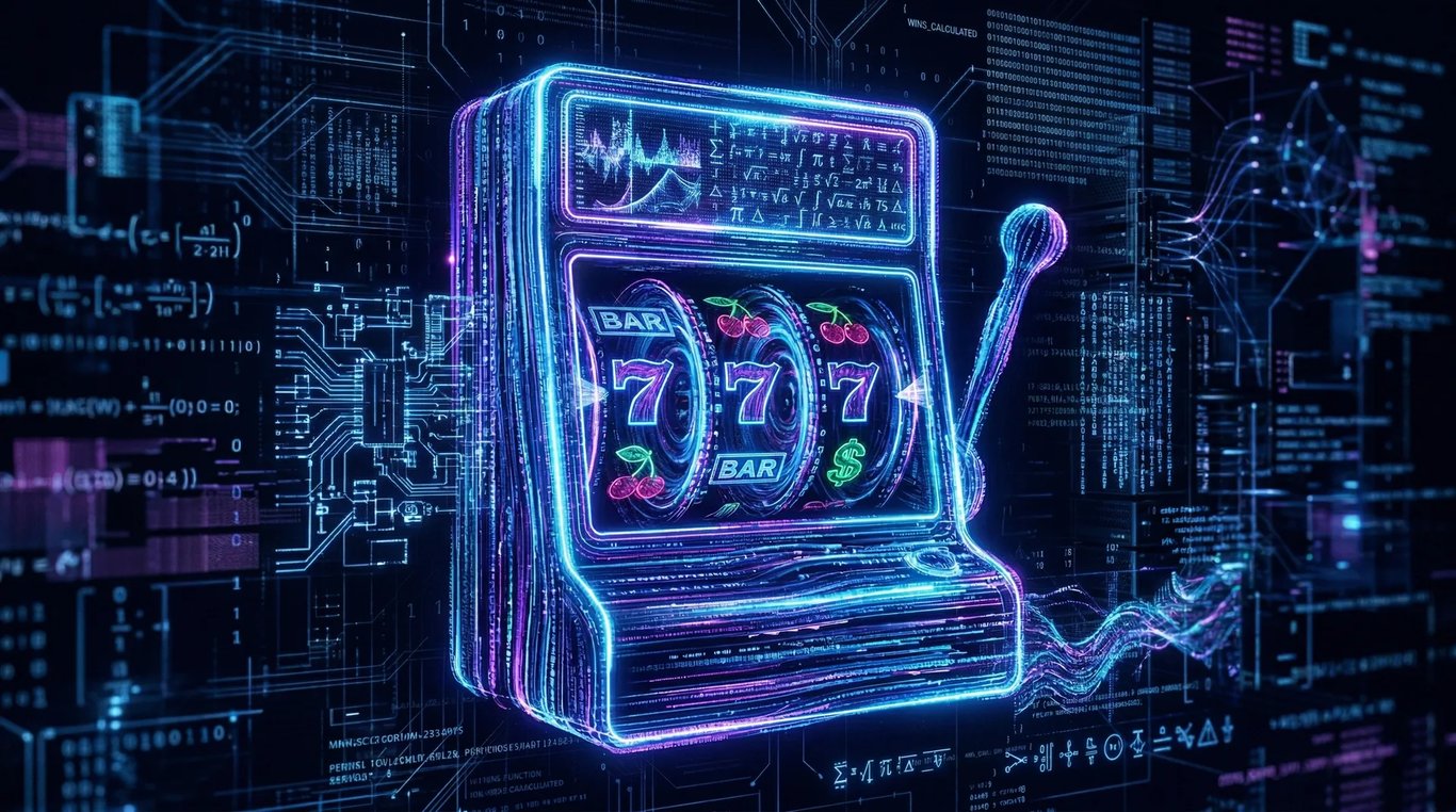 Digital data streams forming a slot machine, representing the math behind casino games.