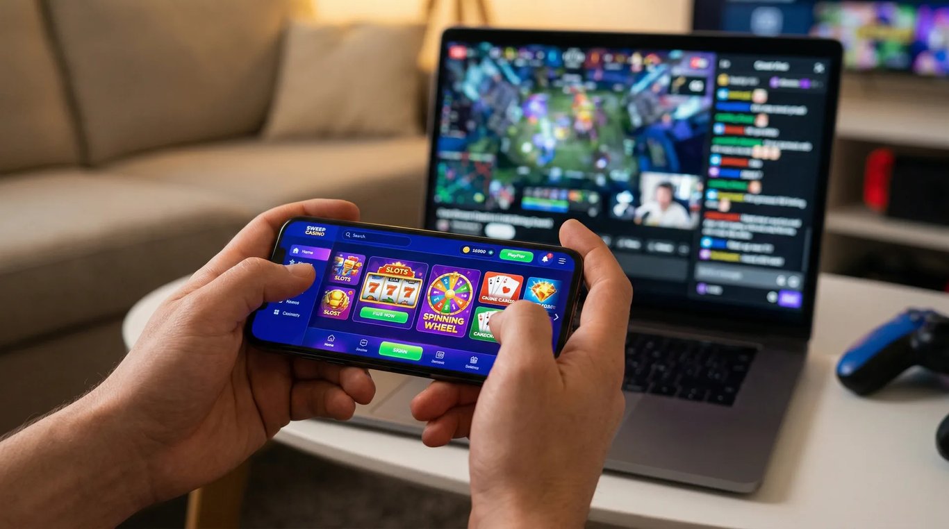 A person playing on a sweepstakes casino app on their phone with an entertainment event in the background.