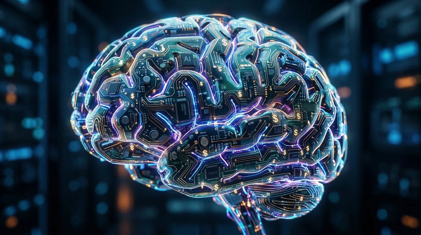 An illustration of an AI brain with data streams, representing DraftKings' goal to increase its Adjusted EBITDA margin.