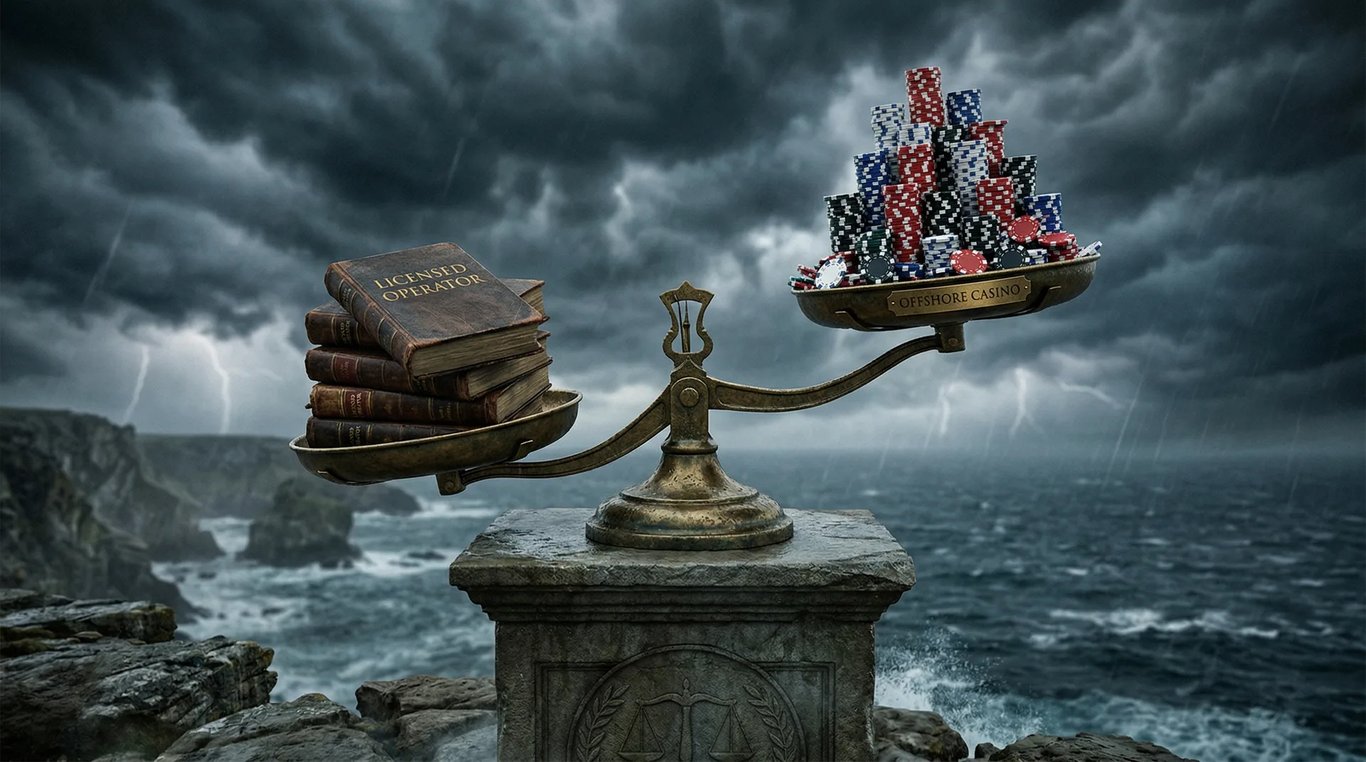 An unbalanced scale showing the disadvantage licensed operators face against offshore casinos under the new South Africa gambling tax.