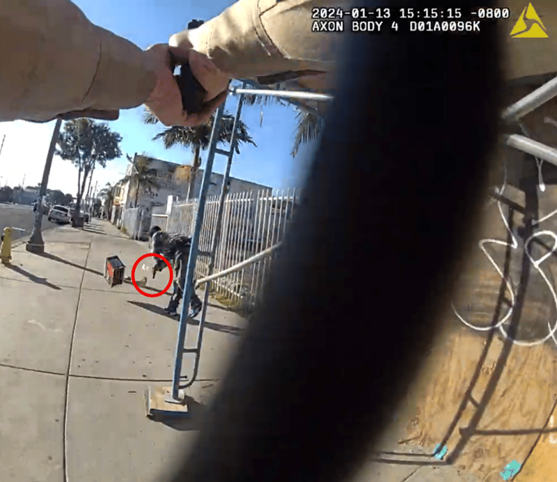 Screenshot from LASD body camera footage showing the moment of the shooting of Noor Ramsis