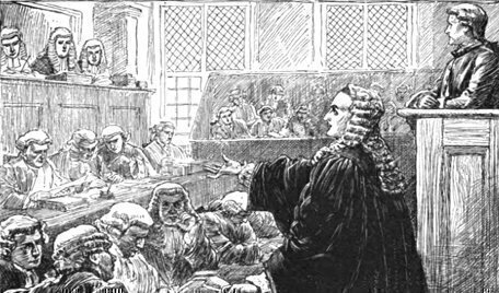 Historical illustration of a colonial American court trial