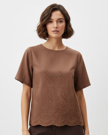 Embroidered Cotton Top Chocolate Liberty Rose