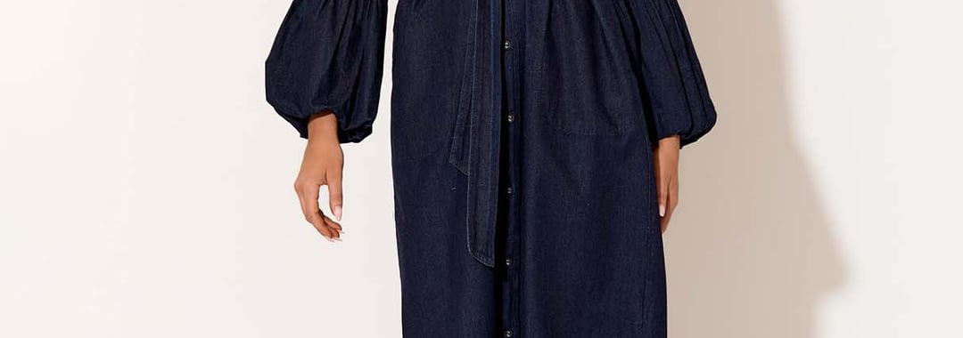 Denim Puffed Sleeve Dress Navy Adorne