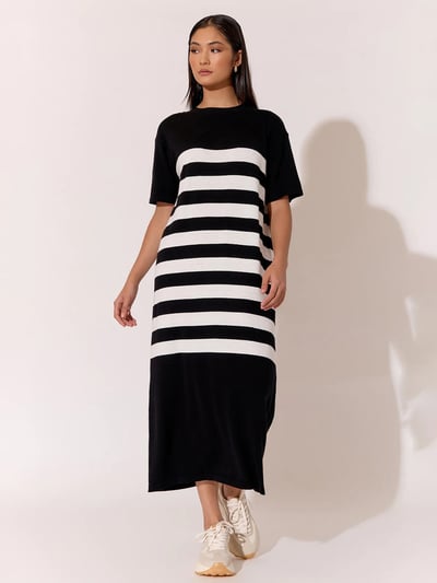 Cotton Cashmere Knit Dress Stripe Adorne