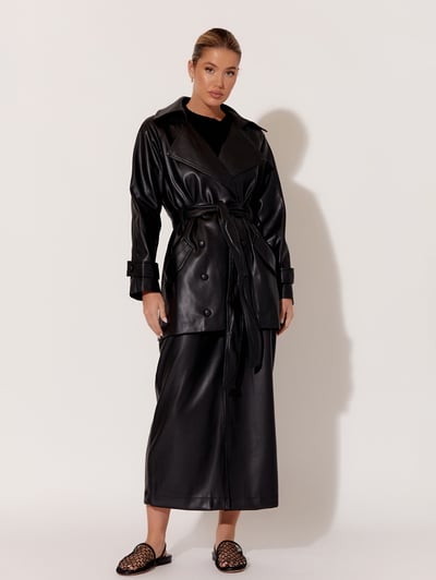 Faux Leather Wrap Coat Black adorne