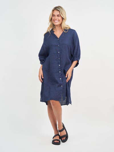 Exaggerated Sleeve Linen Dress Navy Worthier