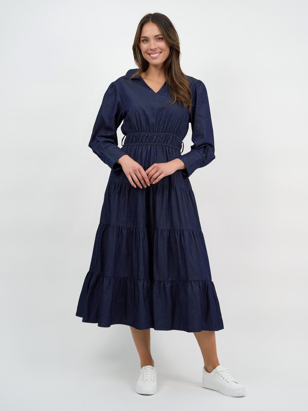 Collared Denim Tier Detail Dress Navy Dresses