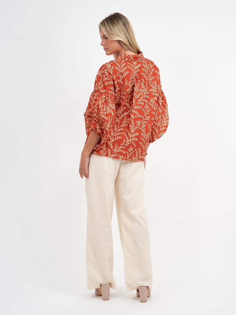 Linen Puff Sleeve Shirt Honey Brown Liberty Rose