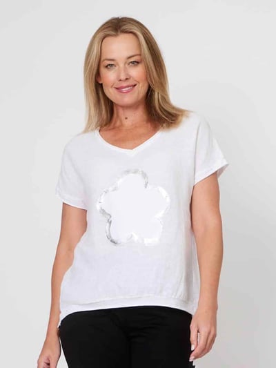 Linen Floral Applique Top White La Strada