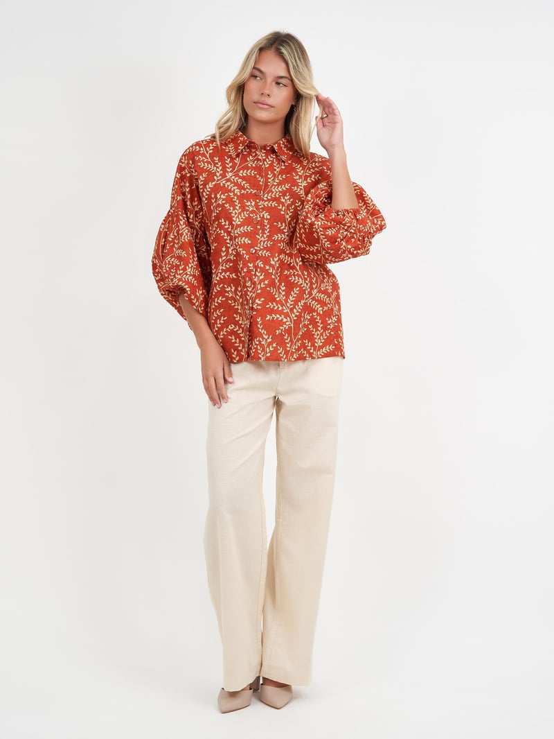 Linen Puff Sleeve Shirt Honey Brown Liberty Rose