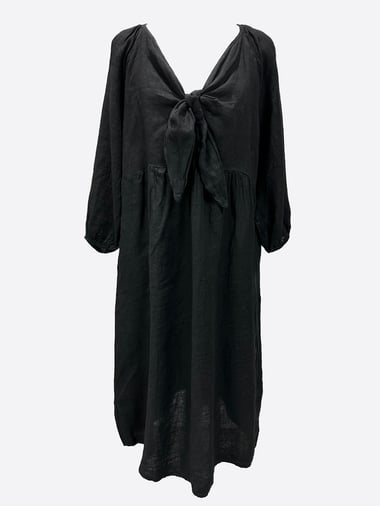 Tie Front LS Linen Dress Black La Strada
