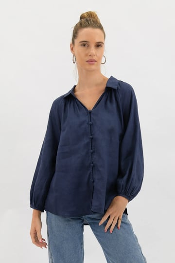 Linen Button Detail Shirt Navy Worthier