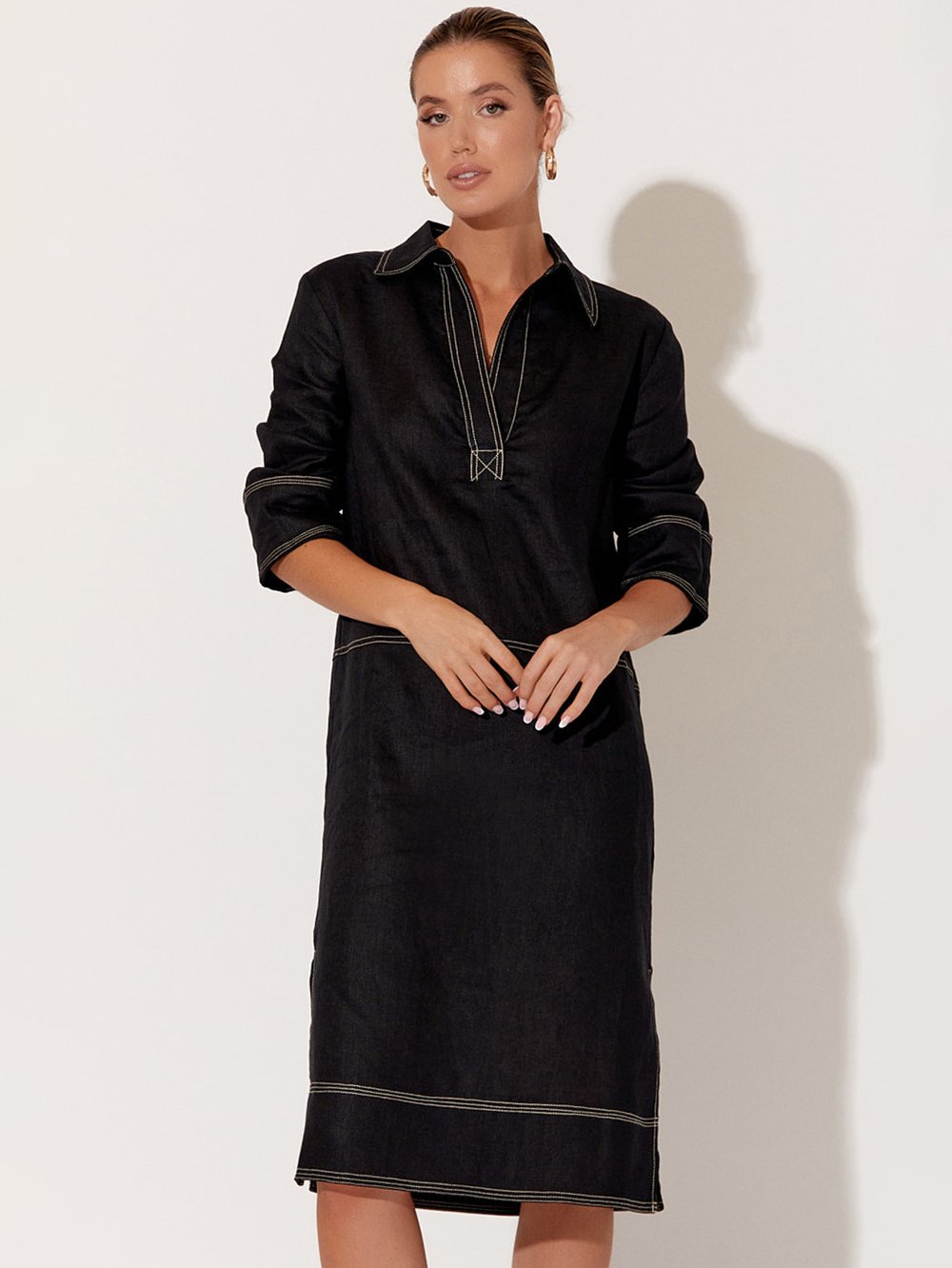 Stitch Detail Linen Dress Black Adorne