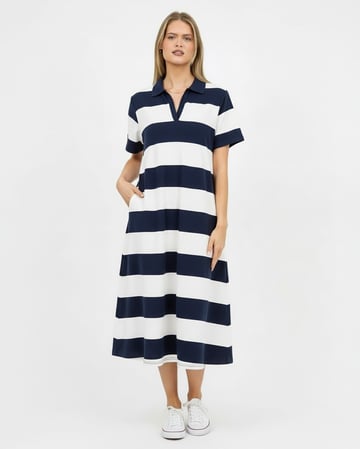 Polo Cotton Jersey Stripe Dress Navy Liberty Rose