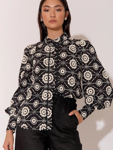 Embroidered Button Detail Top Black Adorne