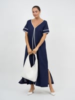 Contrast Maxi Linen Dress Navy Dresses