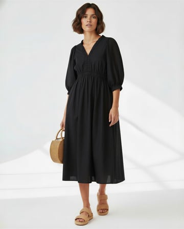 Gathered Neckline Midi Dress Black Liberty Rose