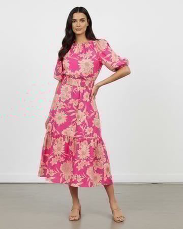 Shirred Belt Cotton Dress Pink Liberty Rose