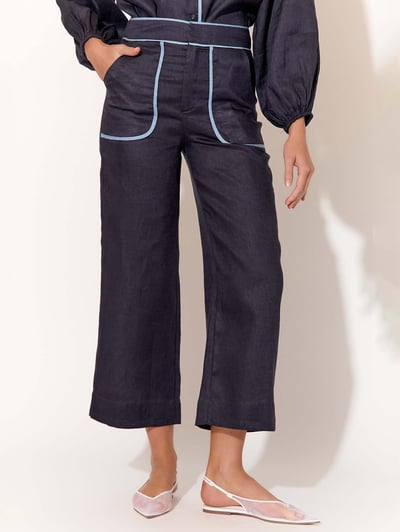 Contrast Trim Linen Pant Navy adorne