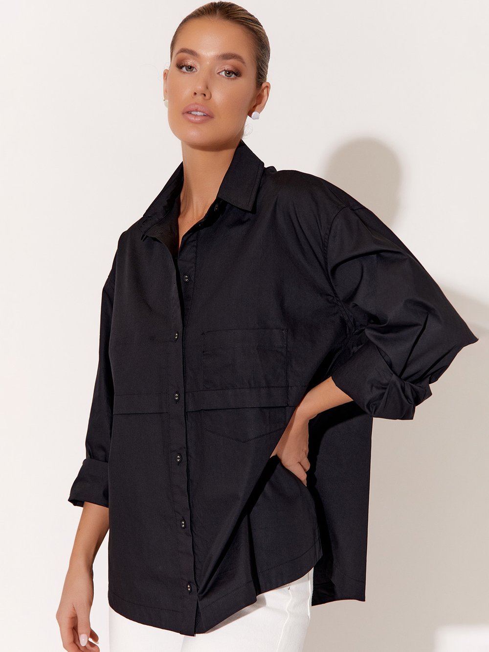 Pleat Detail Poplin Shirt Black adorne