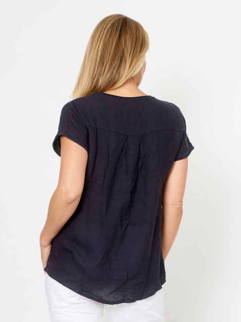 Linen Floral Applique Top Navy La Strada