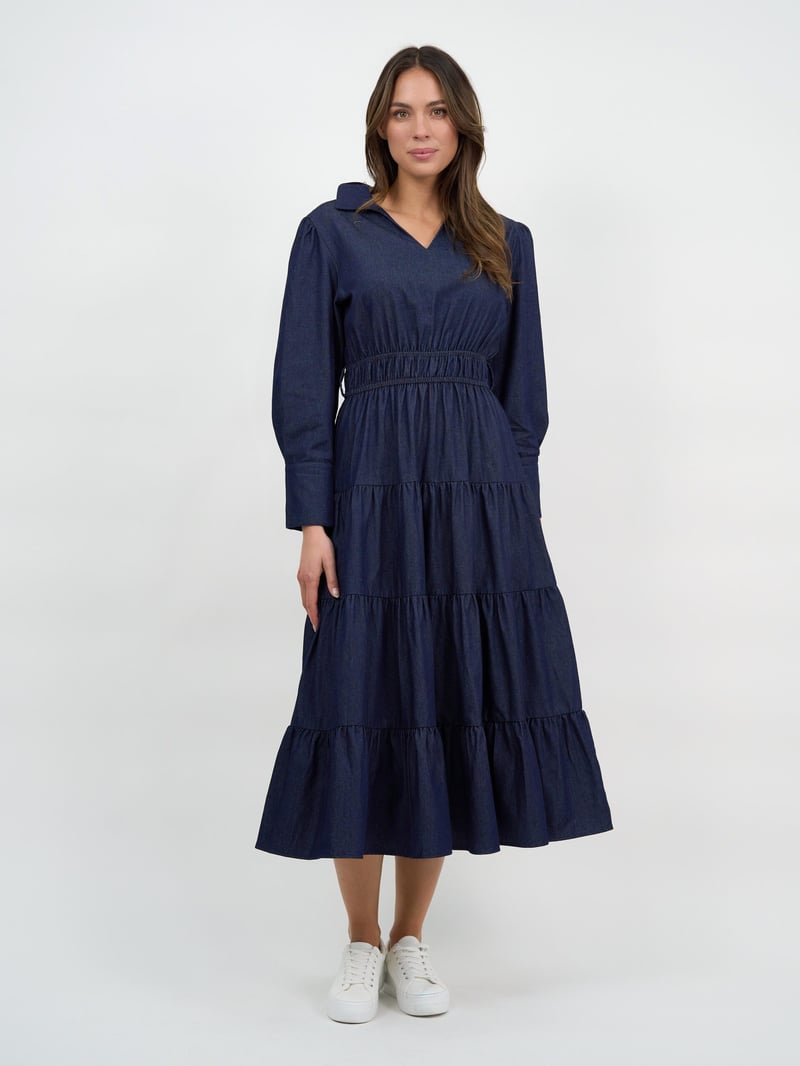 Collared Denim Tier Detail Dress Navy Dresses