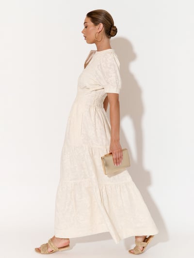 Vee Pleat Embroidered Dress Cream Adorne