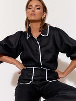 Contrast Trim Linen Shirt Black adorne