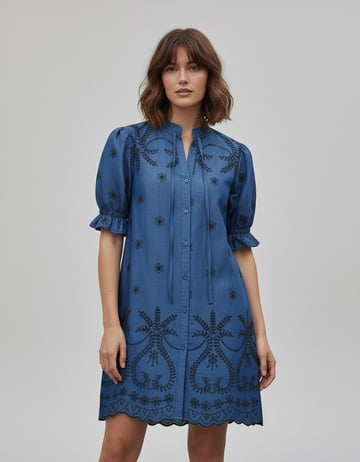 Embroidered Denim Shirt Dress Mid Denim Liberty Rose