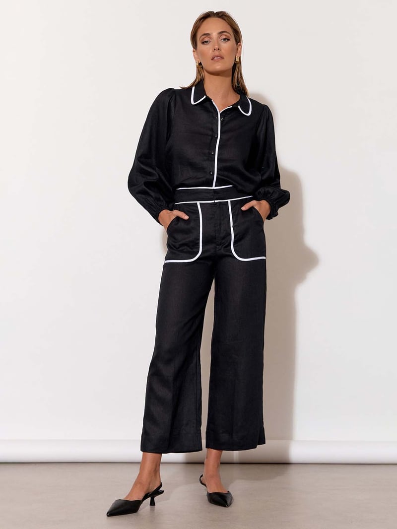 Contrast Trim Linen Pant Black adorne